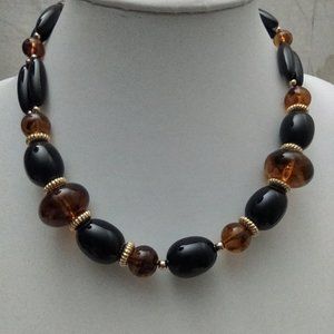 Signed Vintage Trifari Black Gold and Amber Beaded Necklace 18 Inch